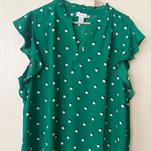 Liz Claiborne Green and White Polka Dot Blouse